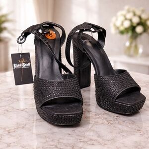 Black Textured Rhinestones Platform Heels
